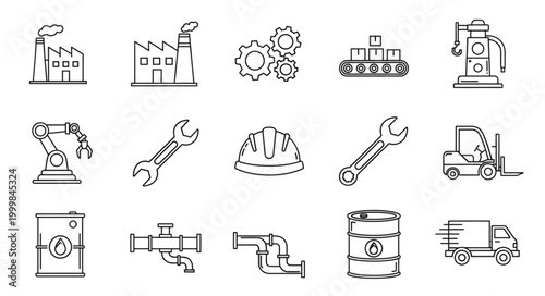 Industrial Icons Set Factory Machinery Tools Transportation.