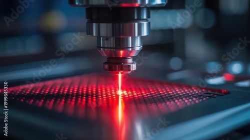 Industrial laser cutting machine in operation with red light beam on metal plate in factory setting with blurred background