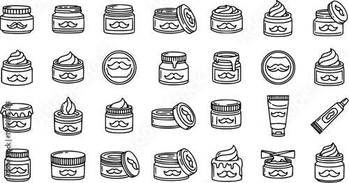 Black and White Line Art Icons of Beard Balm Jars, Tins, and Tubes for Men's Grooming
