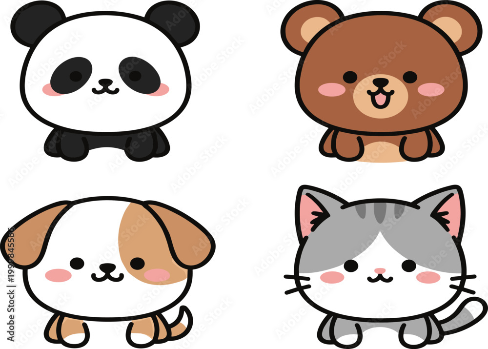 Fototapeta premium Cute Kawaii Animal Faces Collection Featuring Panda Bear Dog and Cat in Simple Adorable Cartoon Style Vector Illustration Set.