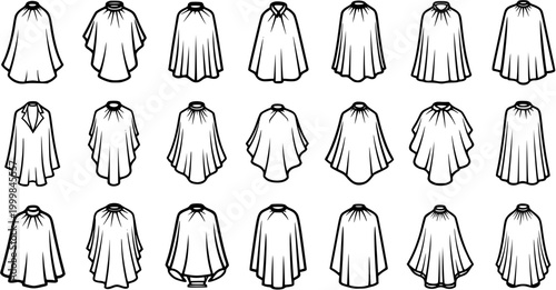 Black and White Line Art Icons of Various Capes and Cloaks for Fashion Design