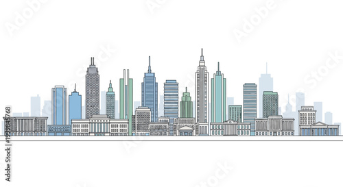 Modern Cityscape Skyline Sketch with Tall Buildings and Offices