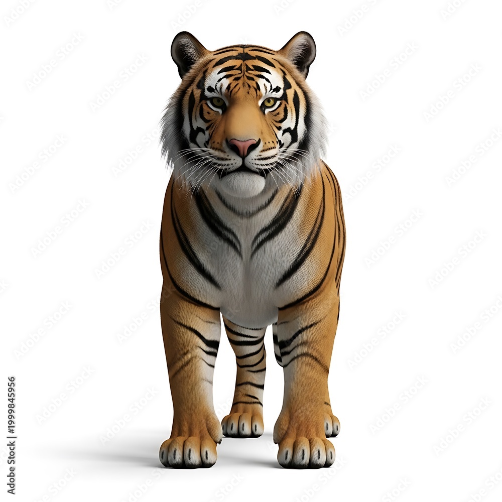 Obraz premium A tiger stands facing forward on a white background, displaying its orange and black stripes.