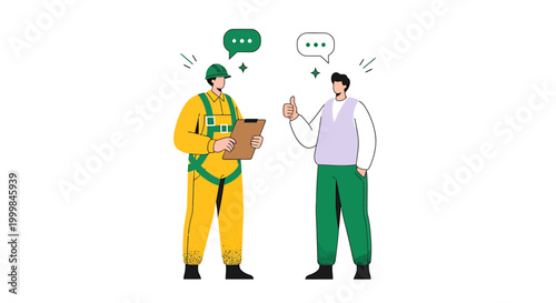 Two men talking about work safety and construction project details.