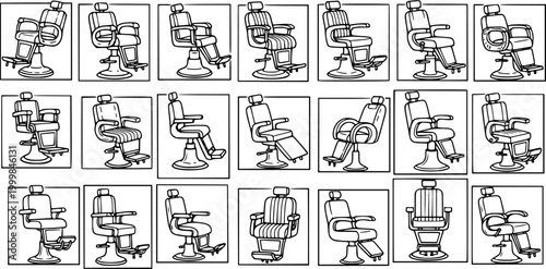 Black and White Line Art Collection of Diverse Barber Chairs, Salon Furniture, and Styling Equipment