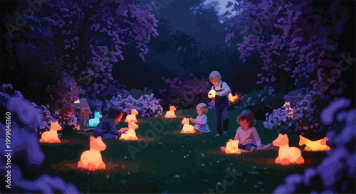 Magical night garden with glowing animal lanterns, children playing in enchanted forest, whimsical evening landscape with purple flowers and warm lights