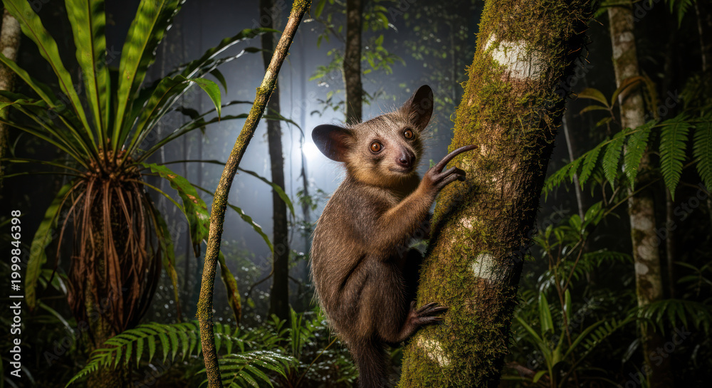 Fototapeta premium Aye aye Lemur Climbing Tree in Rainforest of Madagascar