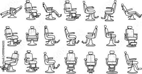 Black and White Line Art Barber Chairs Collection, Vector Icons for Salon