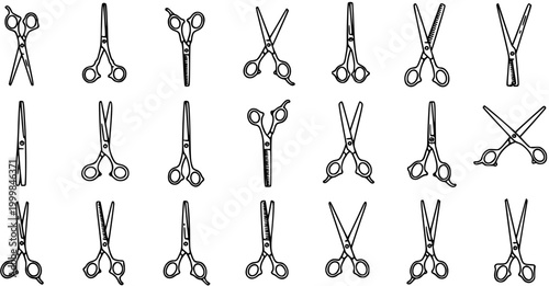 Collection of Black and White Line Art Scissors Icons. Hand-drawn styling, hairdressing, barber, craft, and tailoring shears symbol set.