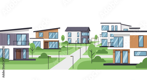 Modern residential neighborhood with contemporary houses and green landscaping