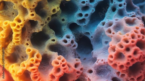 Vibrant colorful coral reef texture with holes and pores in various shades of blue, pink, yellow, and orange hues