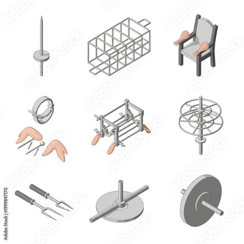 Collection Of Antique Torture Devices Isolated In White Background