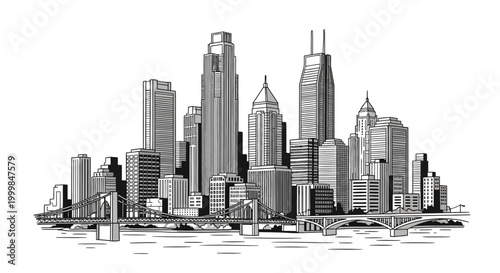 Monochrome Cityscape Sketch: Modern Skyscrapers and Bridges on White Background