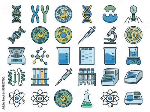 Biology and Genetics Laboratory Icon Set: DNA, Cells, Microscope, and Biotech Research Equipment Illustrations