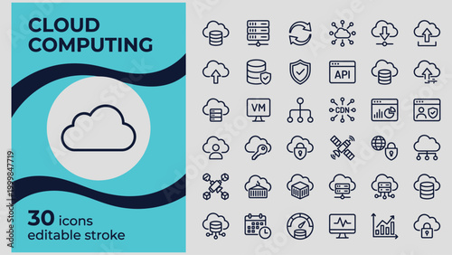 Collection of technology icons representing cloud computing services and digital data infrastructure for IT professionals