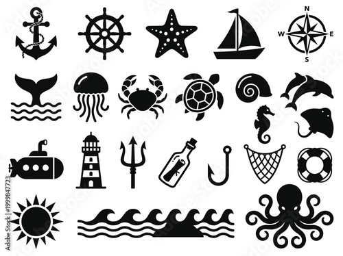 Nautical and Marine Icon Set - Black Silhouette Vector Graphics of Sea Animals, Sailing Equipment, and Ocean Symbols