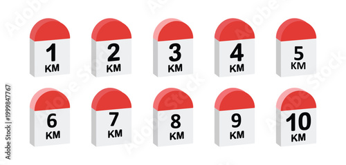 Road distance milestone marker vector set featuring 1 to 10 km red and white kilometer stones for navigation, route mapping, and marathon indicators