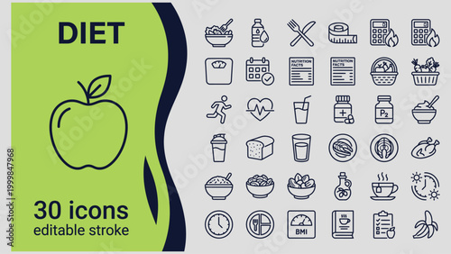 Collection of thin line icons representing healthy eating and lifestyle choices for diet management and wellness