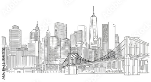 New York City Skyline Sketch with Brooklyn Bridge - Hand Drawn Illustration