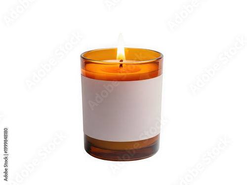 Burning candle in amber glass with white label isolated on a transparent background