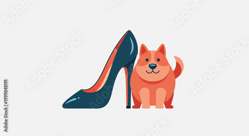 Adorable cartoon dog standing next to a stylish high-heeled shoe.