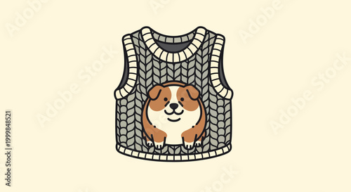 Adorable cartoon dog wearing a cozy knitted sweater, smiling happily.