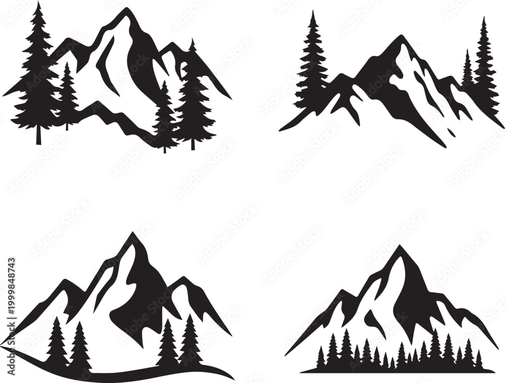Fototapeta premium Minimal Mountain Logo Bundle Set, Modern Nature Landscape Silhouette Vector Collection with Forest and Peak Elements, Art & Illustration