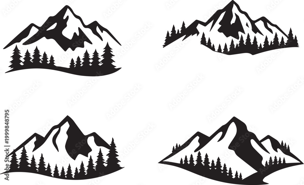 Fototapeta premium Minimal Mountain Logo Bundle Set, Modern Nature Landscape Silhouette Vector Collection with Forest and Peak Elements, Art & Illustration