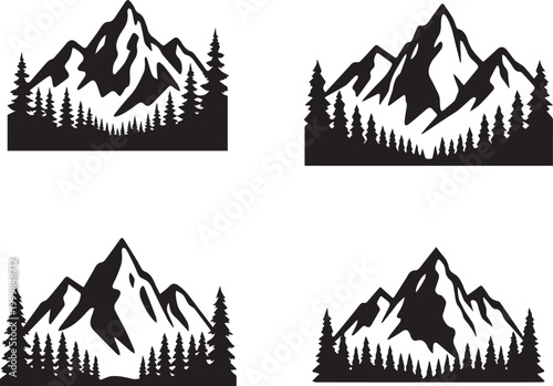 Minimal Mountain Logo Bundle Set, Modern Nature Landscape Silhouette Vector Collection with Forest and Peak Elements, Art & Illustration