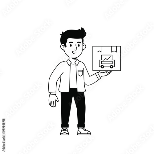 Editor Holding Graph and Chart Illustration in Black and White