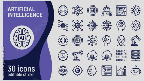 Collection of thirty editable stroke line icons representing artificial intelligence concepts and technology in a modern graphic style