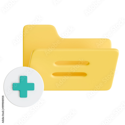 3D yellow medical folder icon with plus sign for patient records and clinical data management in healthcare.