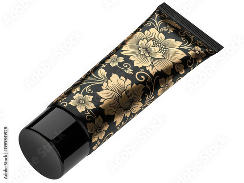 Black cosmetic tube with gold floral pattern isolated on a transparent background