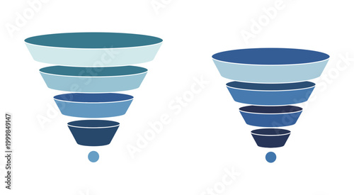 Sales funnel diagram vector illustration set with four and five stage elements for marketing, conversion, and business strategy visualization