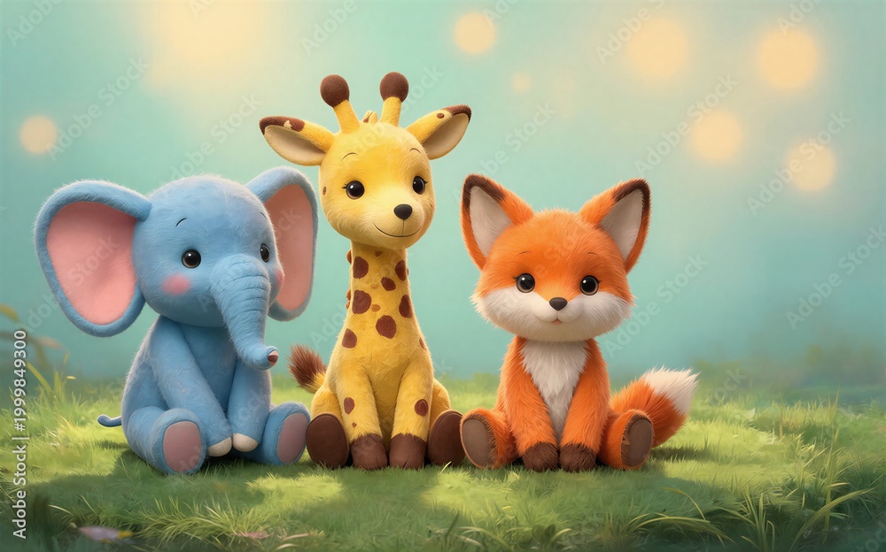 Fototapeta premium Three plush animals elephant giraffe fox sit together on a grassy