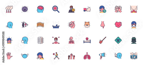 Air pollution icon set. Vector symbols for factory smoke, illness, virus, caution, lungs, air purifier, mask, health hazard and more. Editable stroke.