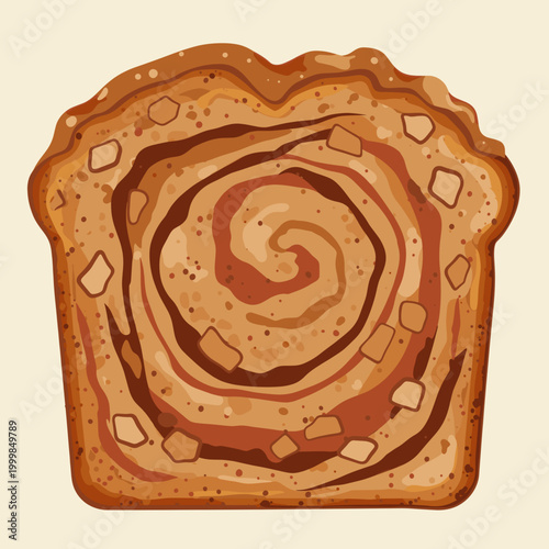Single Slice of Cinnamon Swirl Bread with Raisins and Nuts Vector Illustration Isolated on Plain Background