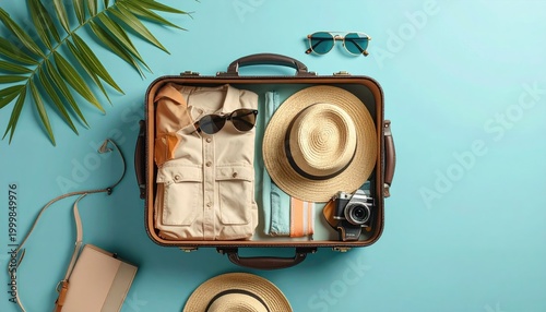 Travel suitcase, outfits, hat, and accessories