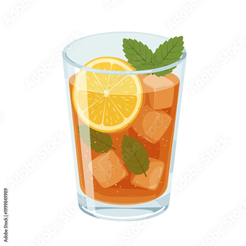 Glass of Refreshing Iced Tea with Lemon Slice, Mint Leaves and Ice Cubes Isolated on White Background