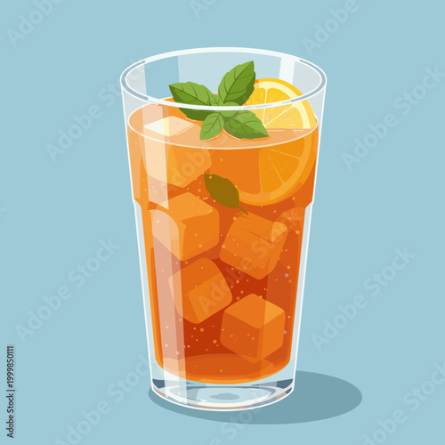Refreshing Glass of Iced Tea with Ice Cubes, Lemon Slice, and Fresh Mint Garnish Vector Illustration