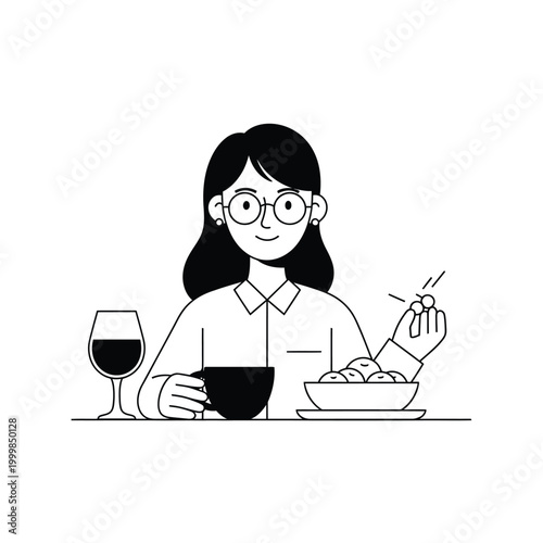 Elegant Woman Enjoying Wine and Snacks in Monoline Illustration