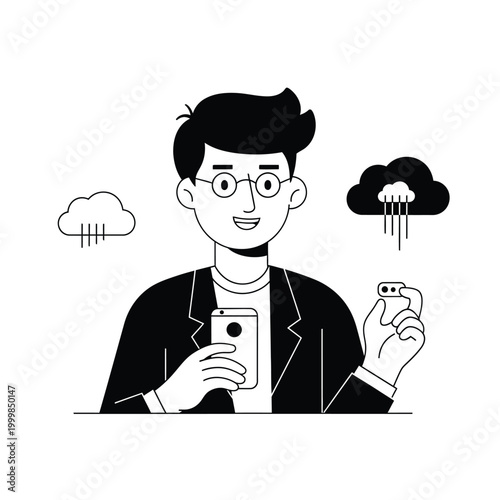 Modern Monoline Illustration of Young Man Using Smartphone