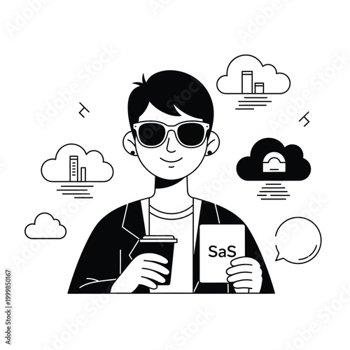 Editorial Character Illustration of Person with Sunglasses Using Mobile Device