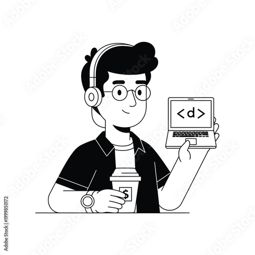 Editorial Character Illustration of Young Man Holding Laptop and Coffee Cup