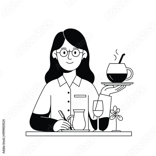 Black and White Illustration of Woman Serving Coffee