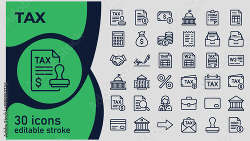 Comprehensive collection of 30 financial tax related line art icons representing various aspects of taxation and business with editable stroke features