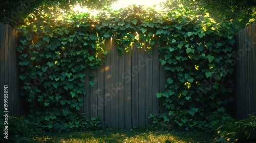 Sunlit garden fence overgrown with ivy