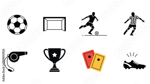 Tableau sur toile Soccer equipment and sports icons set including ball, goal, player, referee and