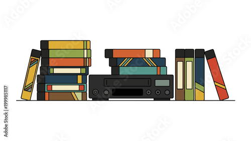 Illustration of a vintage VCR player surrounded by stacks of colorful VHS video cassette tapes.