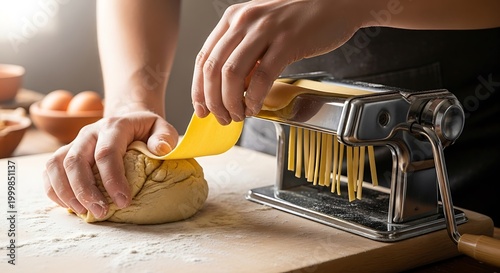 Person operates manual device to cut freshly rolled pasta dough into strands